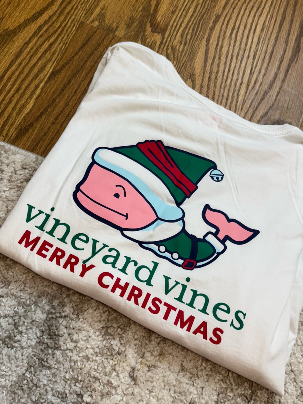 Vineyard Vines White Whale Holiday Tee with Pink & Green Print